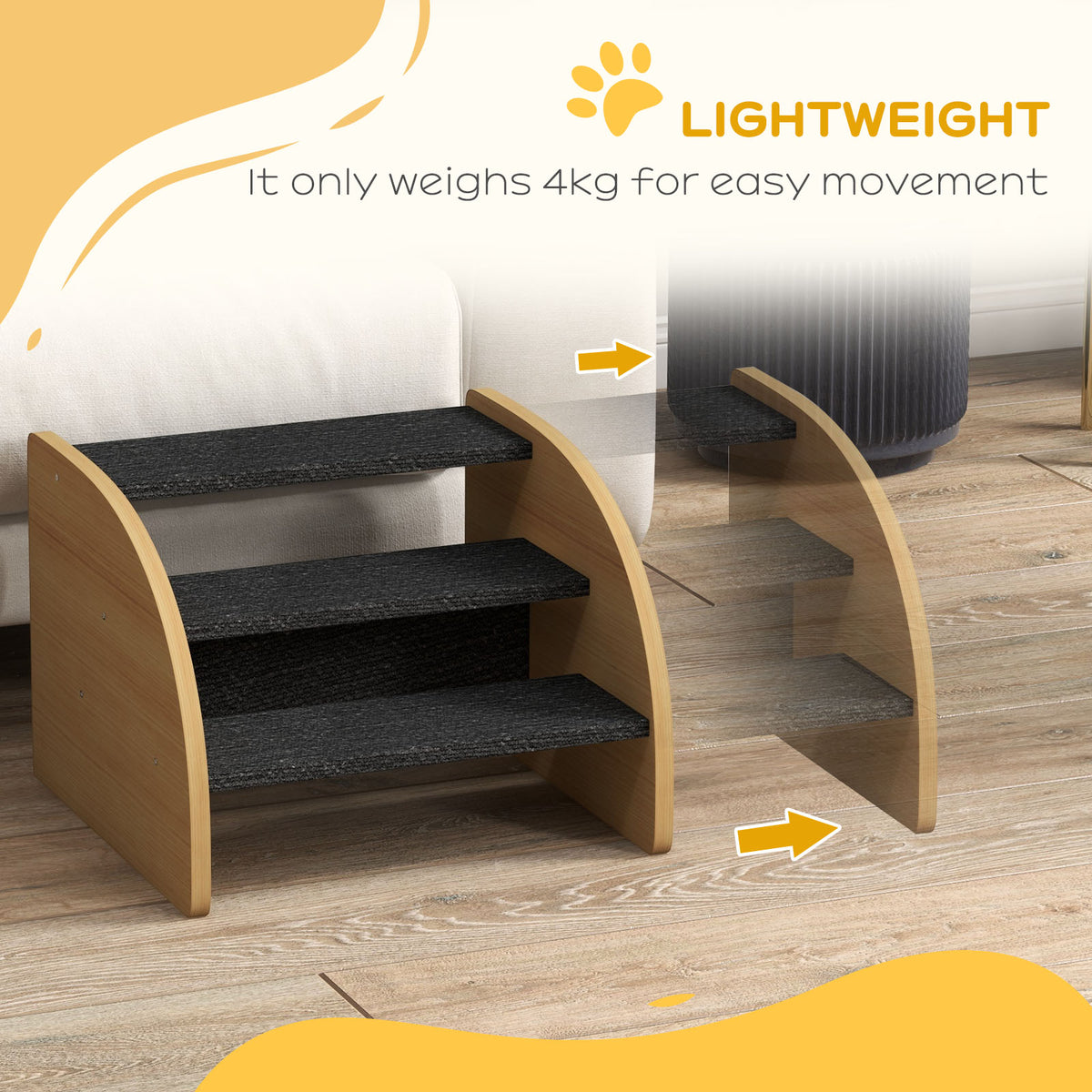Dog Steps for Sofa and Bed, 3-Step Dog Stairs, Pet Stairs, Oak Finish