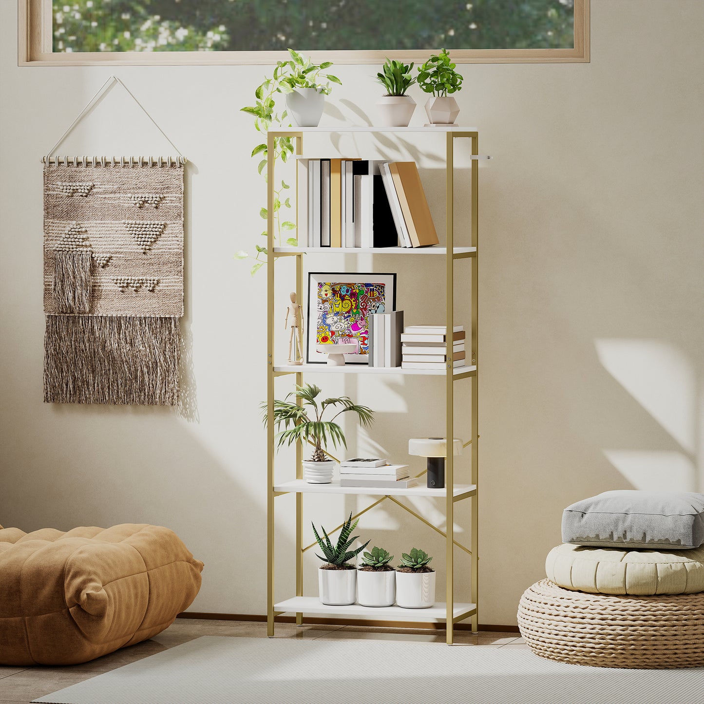 Modern Bookshelf, Freestanding Bookcase, White and Gold Tone