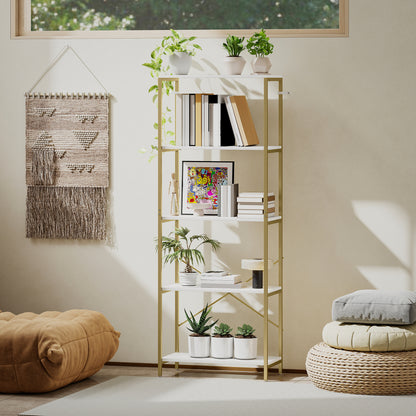 Modern Bookshelf, Freestanding Bookcase, White and Gold Tone