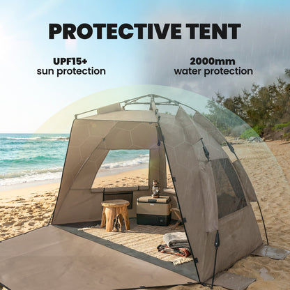 Pop Up Beach Tent for 2-3 Person with Carry Bag, UPF15+, Brown