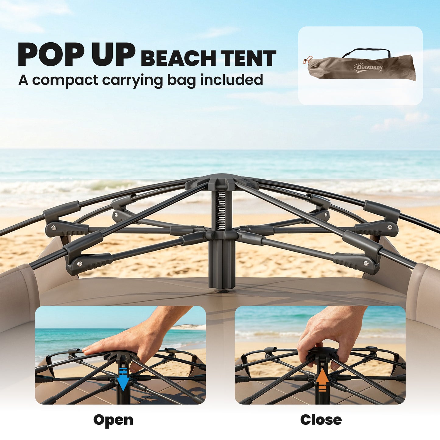Pop Up Beach Tent for 2-3 Person with Carry Bag, UPF15+, Brown