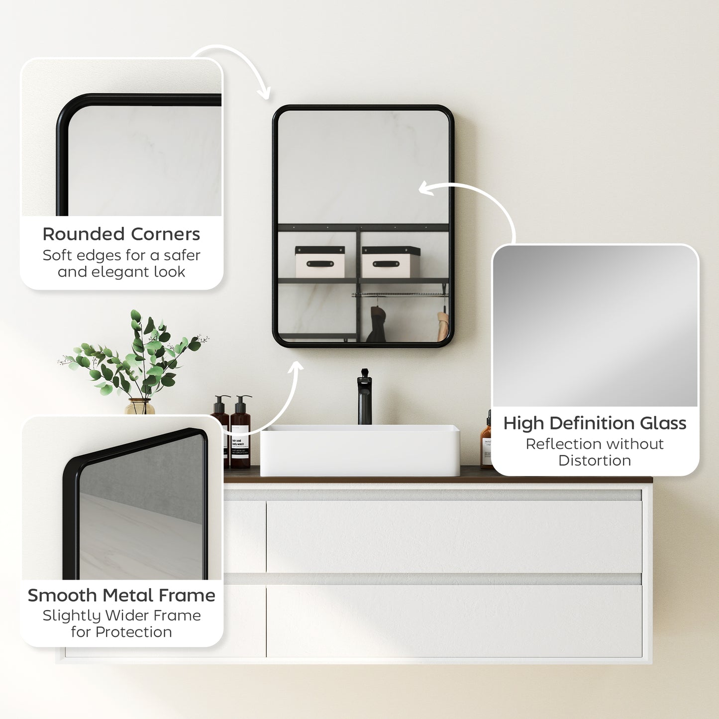 Rectangular Mirror with Metal Frame, Decorative Wall Mirror, Black