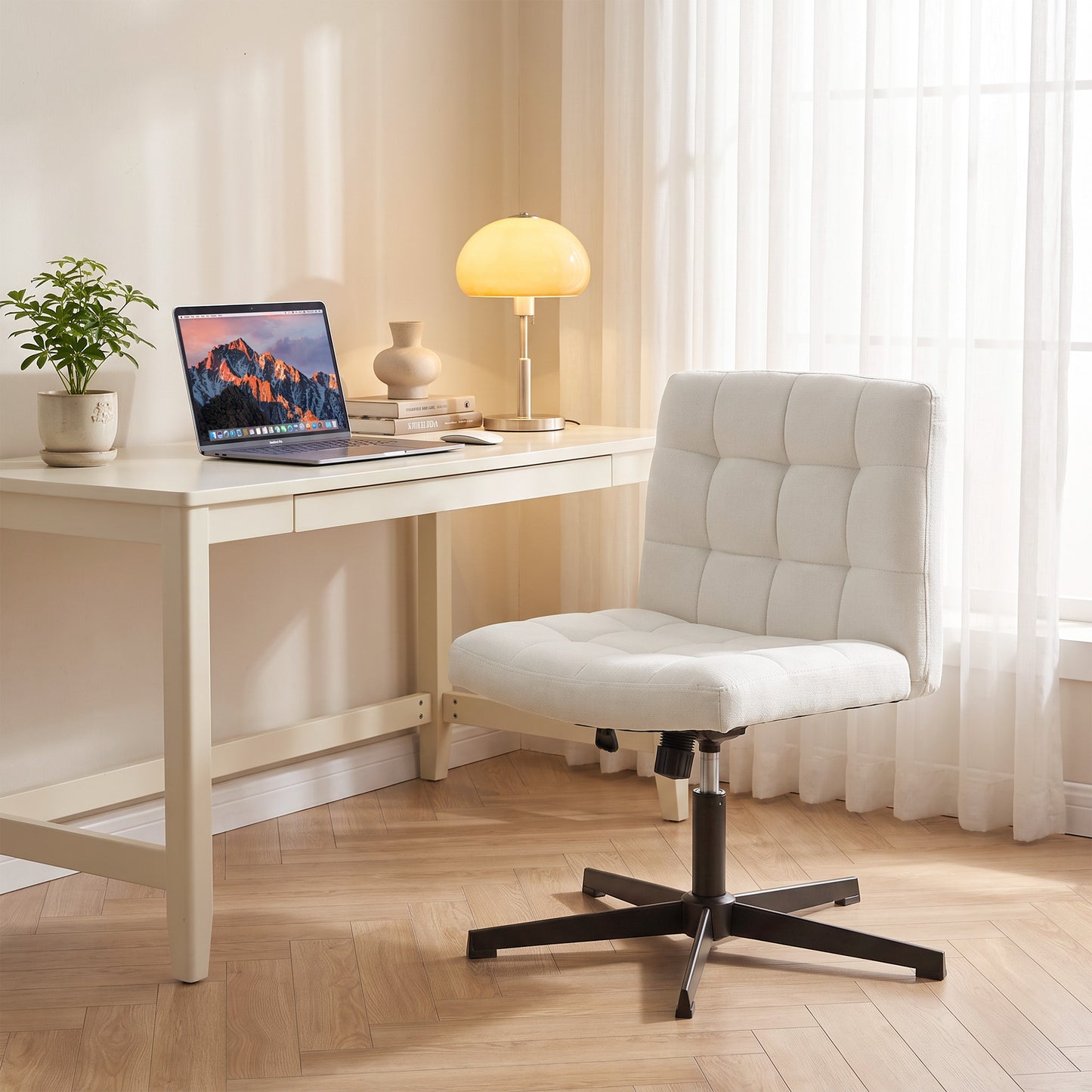 Armless Office Chair, Cross Legged Vanity Chair with Wide Seat, Beige