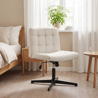 Armless Office Chair, Cross Legged Vanity Chair with Wide Seat, Beige