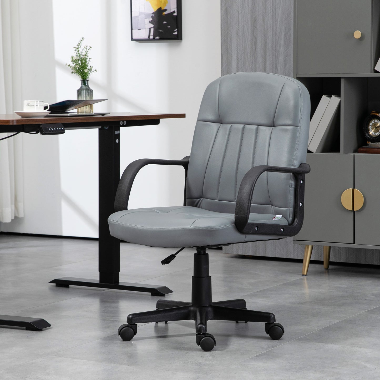 PU Leather Office Chair Swivel Home Mid-Back Computer Desk Chair, Grey