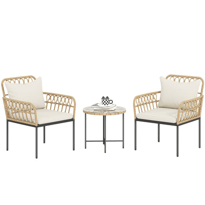 3 Piece Rattan Bistro Set, Balcony Table and Chairs with Cushions