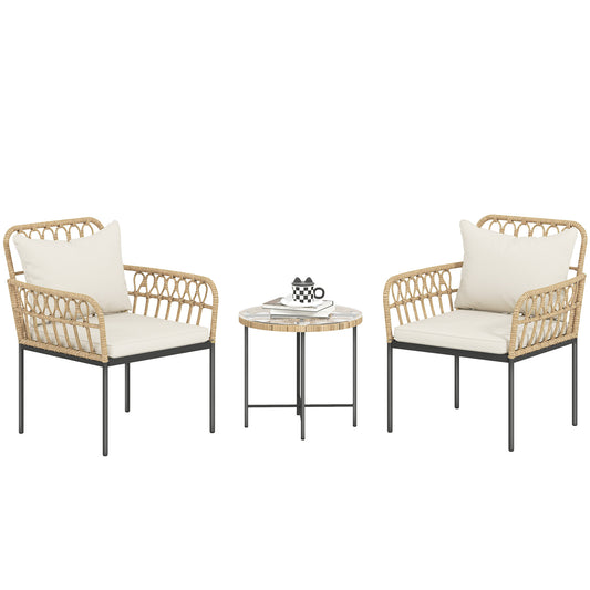 3 Piece Rattan Bistro Set, Balcony Table and Chairs with Cushions