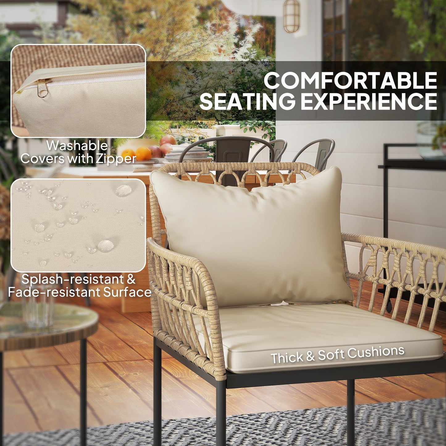 3 Piece Rattan Bistro Set, Balcony Table and Chairs with Cushions