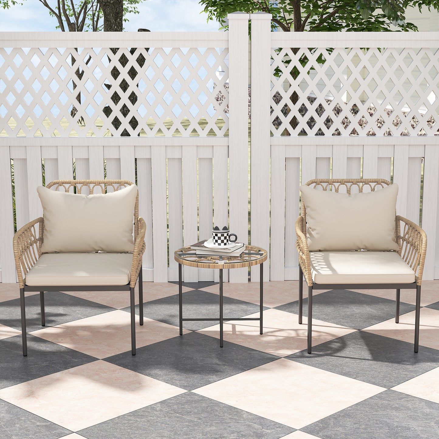 3 Piece Rattan Bistro Set, Balcony Table and Chairs with Cushions
