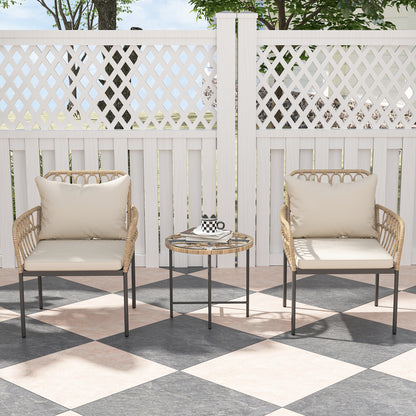 3 Piece Rattan Bistro Set, Balcony Table and Chairs with Cushions