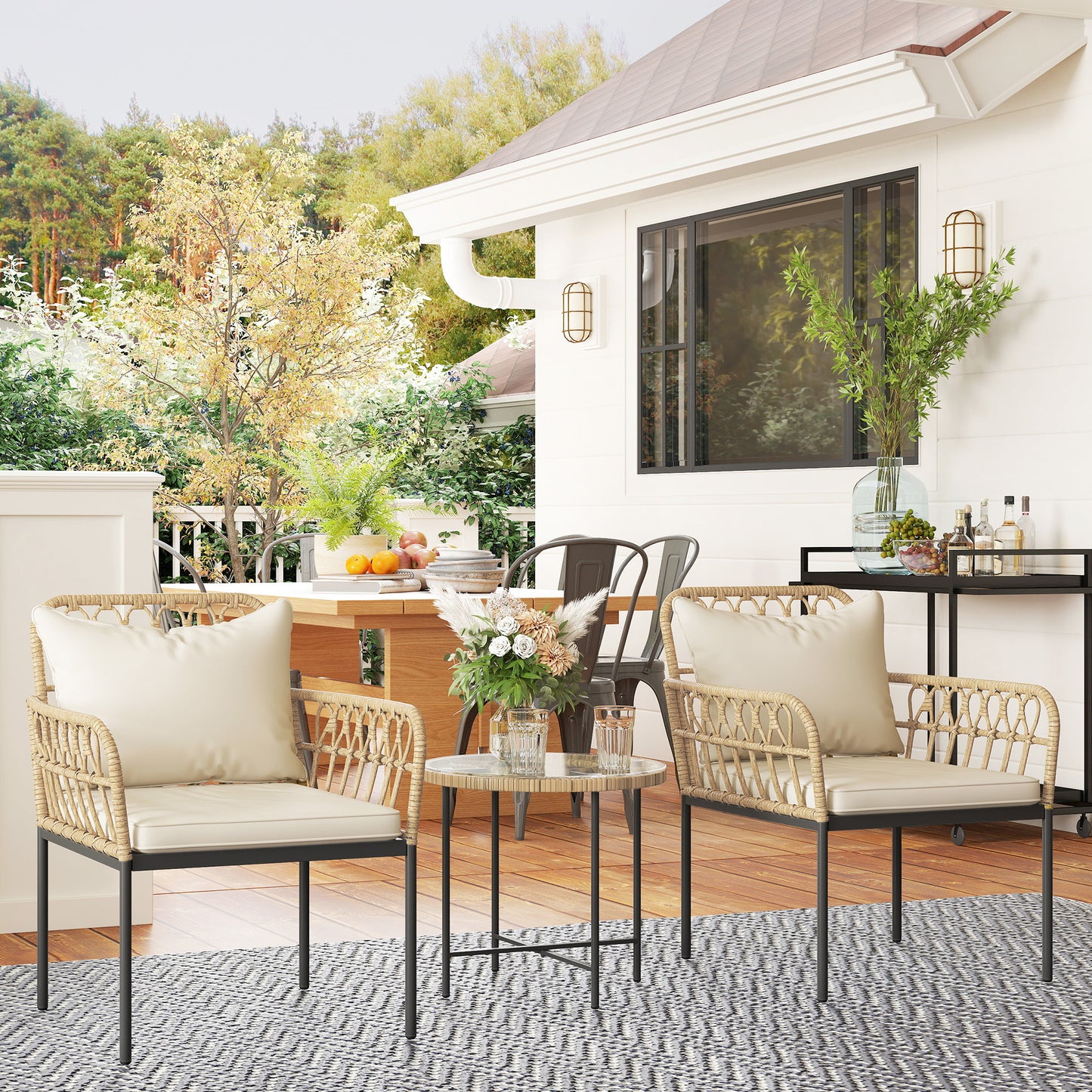 3 Piece Rattan Bistro Set, Balcony Table and Chairs with Cushions