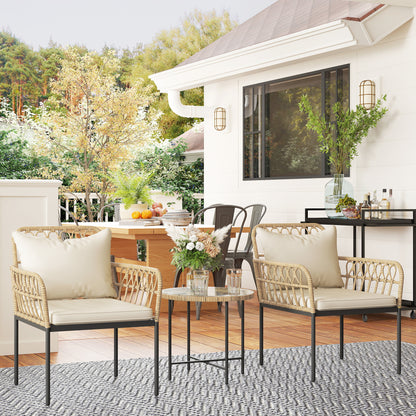 3 Piece Rattan Bistro Set, Balcony Table and Chairs with Cushions