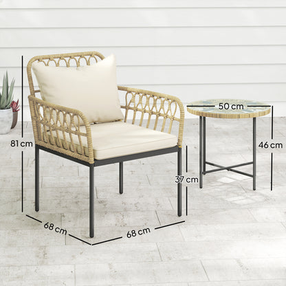 3 Piece Rattan Bistro Set, Balcony Table and Chairs with Cushions