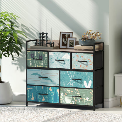 7-Drawer Chest of Drawers, Fabric Dresser with Open Shelf, Blue