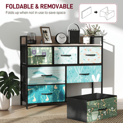 7-Drawer Chest of Drawers, Fabric Dresser with Open Shelf, Blue