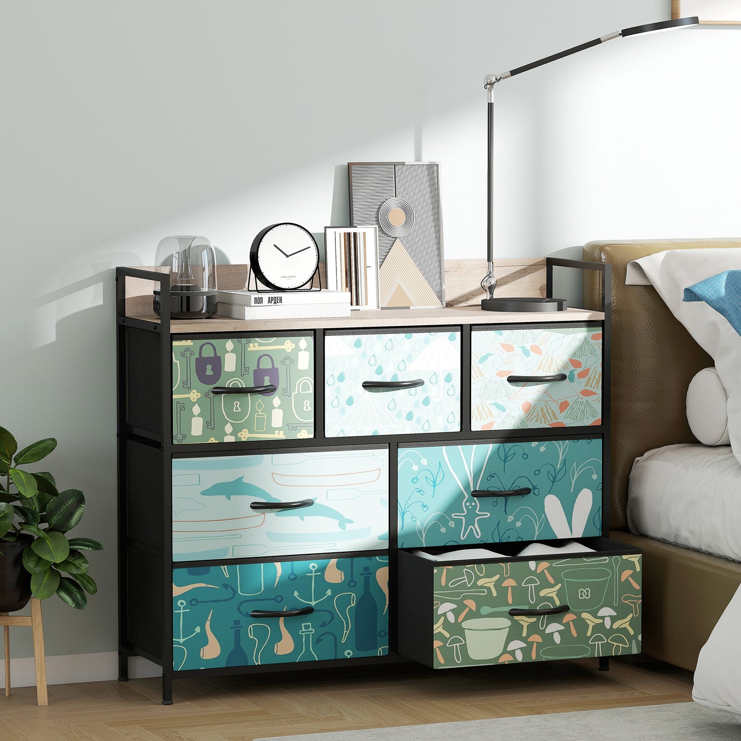 7-Drawer Chest of Drawers, Fabric Dresser with Open Shelf, Blue