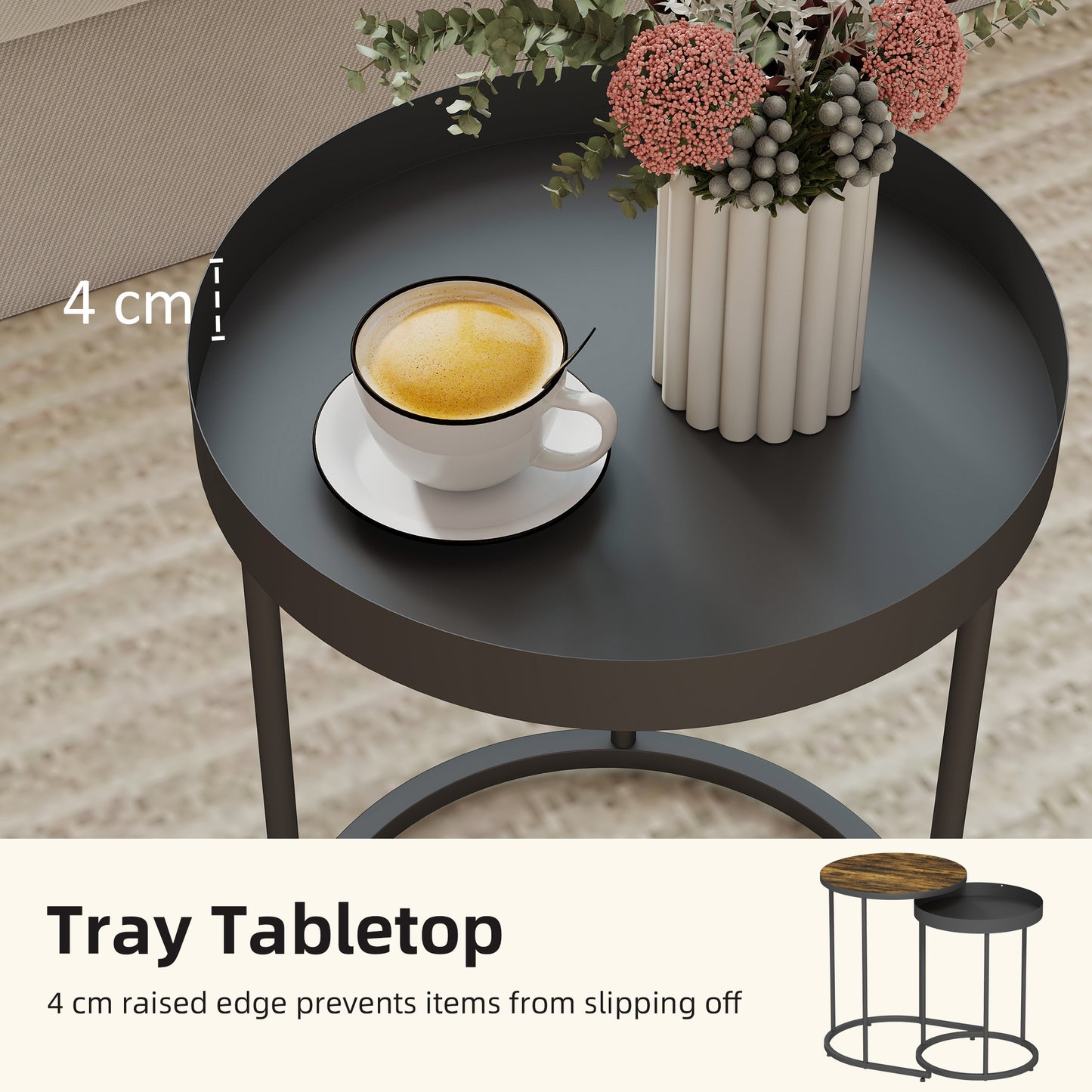 Nesting Side Table Set of 2, Industrial Round Nest of Tables, Brown