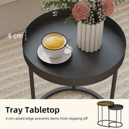 Nesting Side Table Set of 2, Industrial Round Nest of Tables, Brown