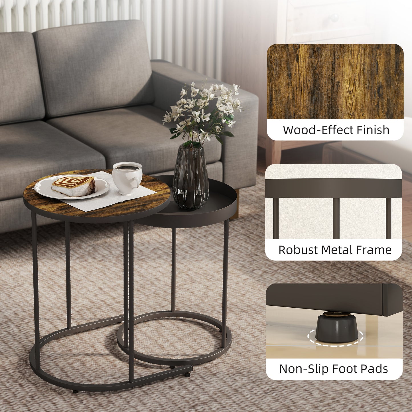 Nesting Side Table Set of 2, Industrial Round Nest of Tables, Brown