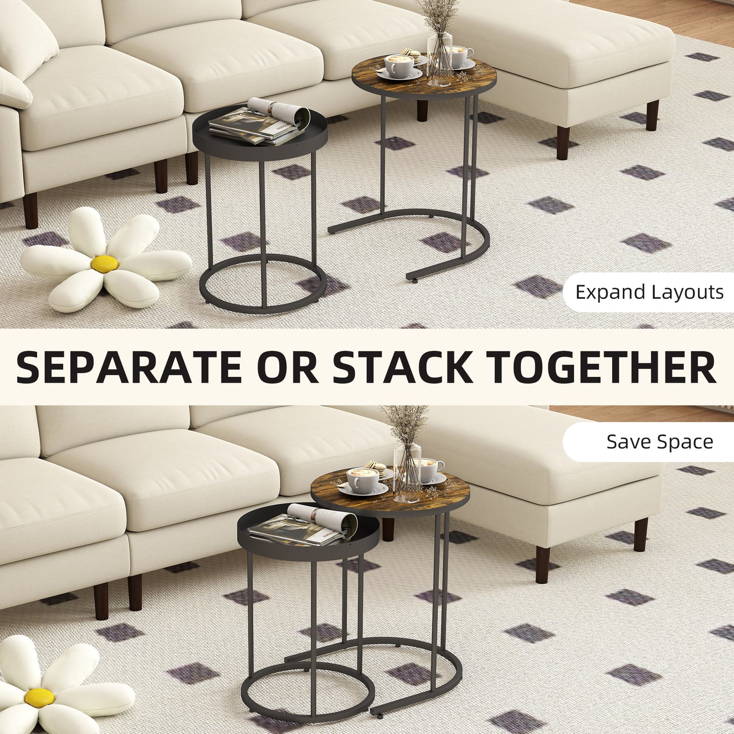 Nesting Side Table Set of 2, Industrial Round Nest of Tables, Brown