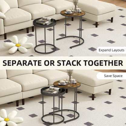 Nesting Side Table Set of 2, Industrial Round Nest of Tables, Brown