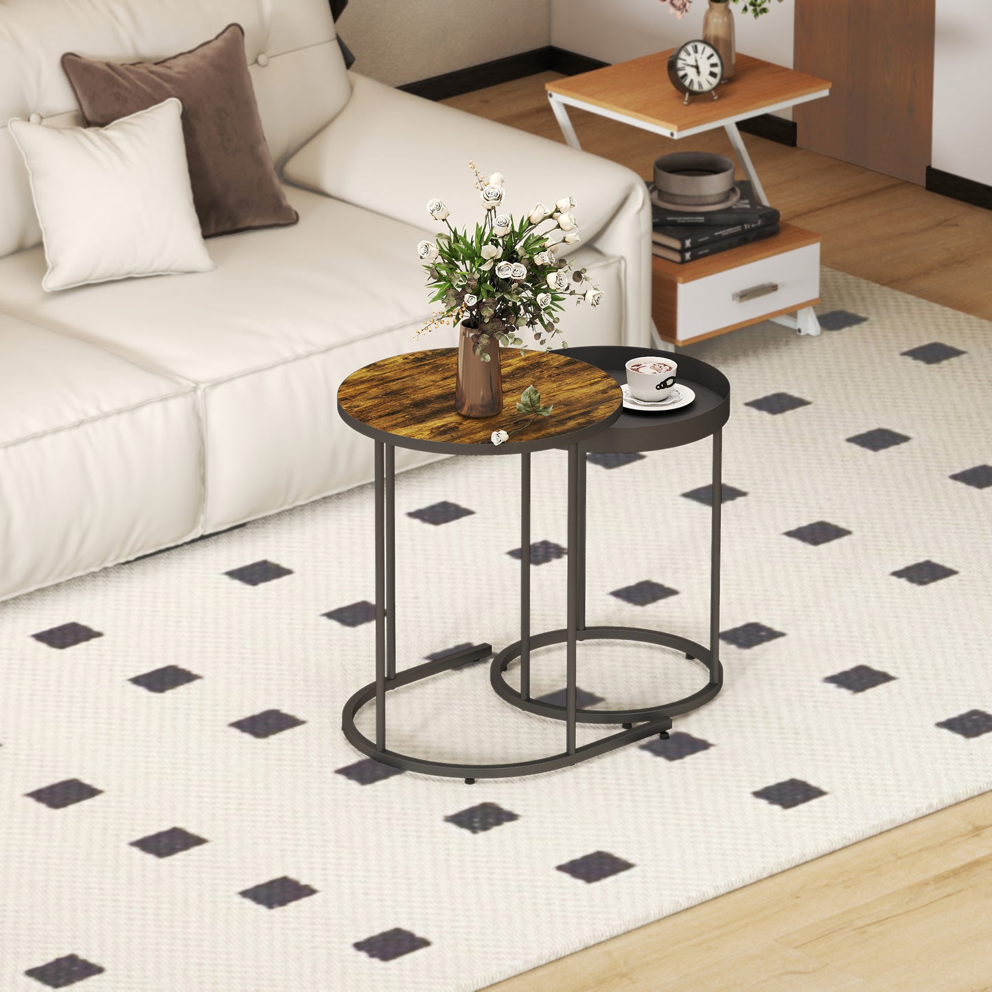 Nesting Side Table Set of 2, Industrial Round Nest of Tables, Brown