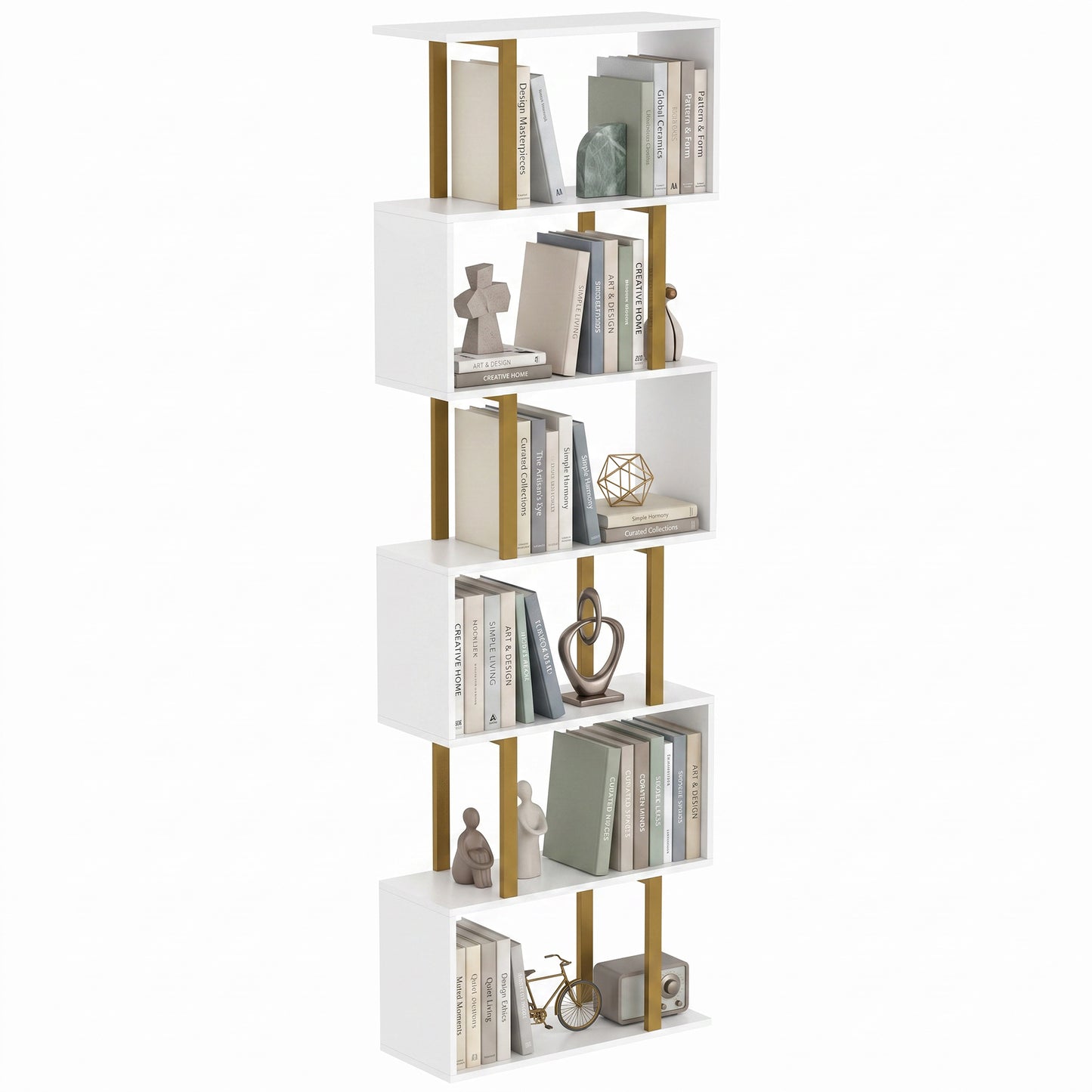 S-Shaped Bookshelf, 6-Tier Bookcase with Anti-Tip Strap, White