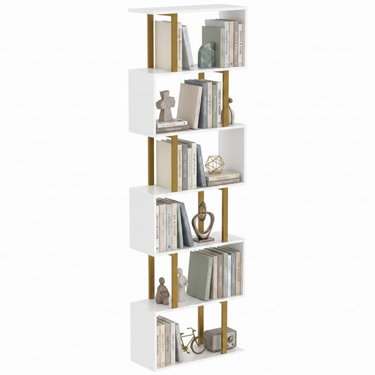 S-Shaped Bookshelf, 6-Tier Bookcase with Anti-Tip Strap, White