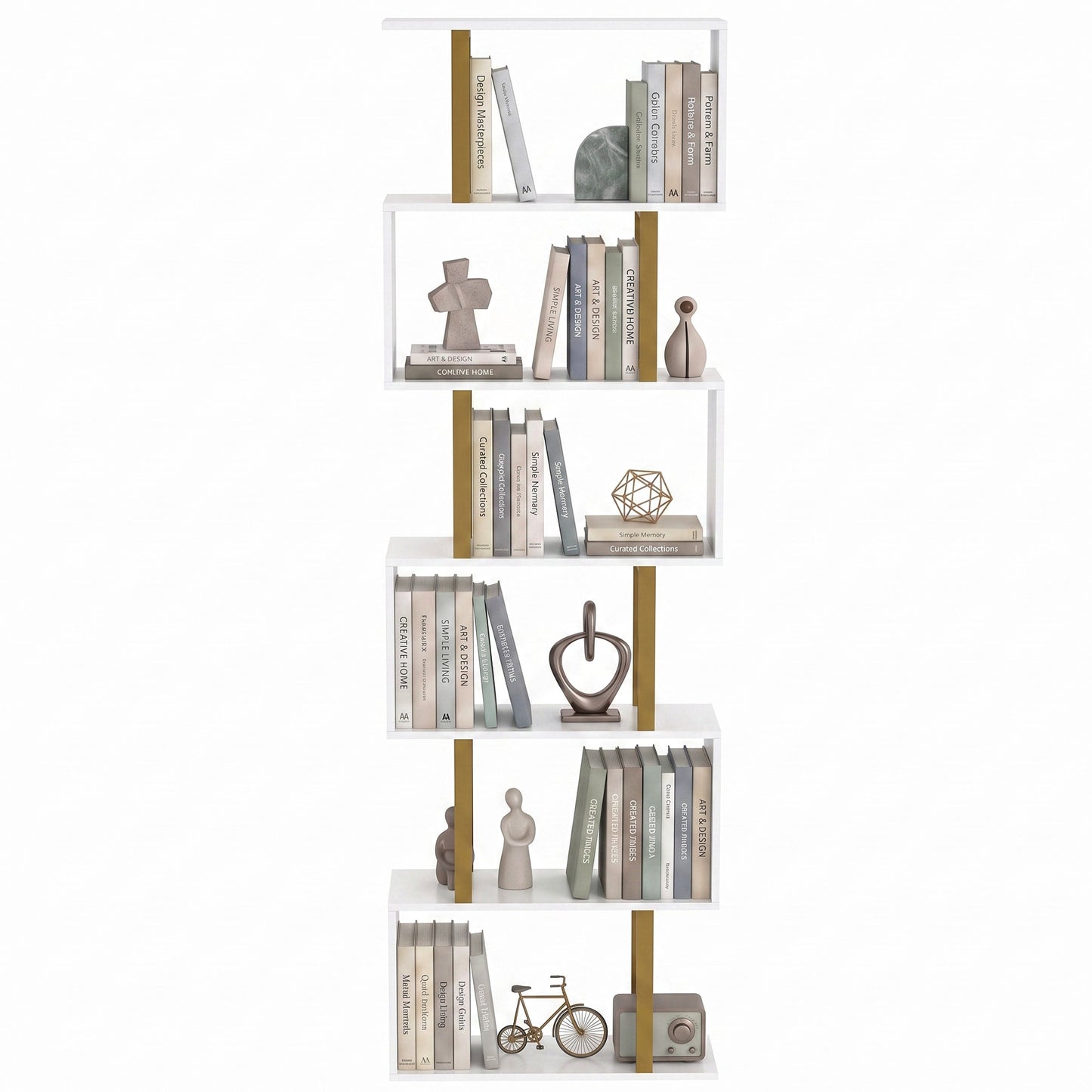 S-Shaped Bookshelf, 6-Tier Bookcase with Anti-Tip Strap, White