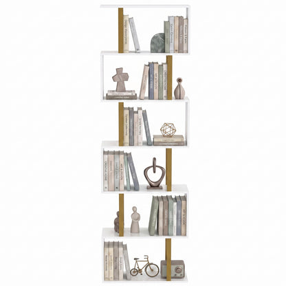 S-Shaped Bookshelf, 6-Tier Bookcase with Anti-Tip Strap, White