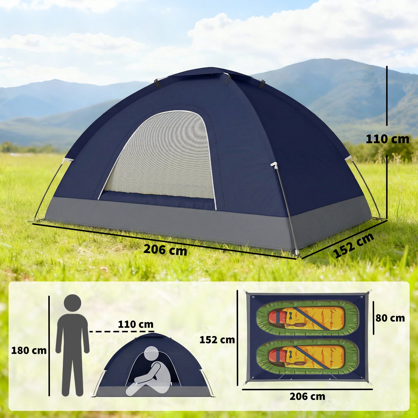 2 Person Camping Tent, Dome Tent with Storage Pocket, Navy Blue