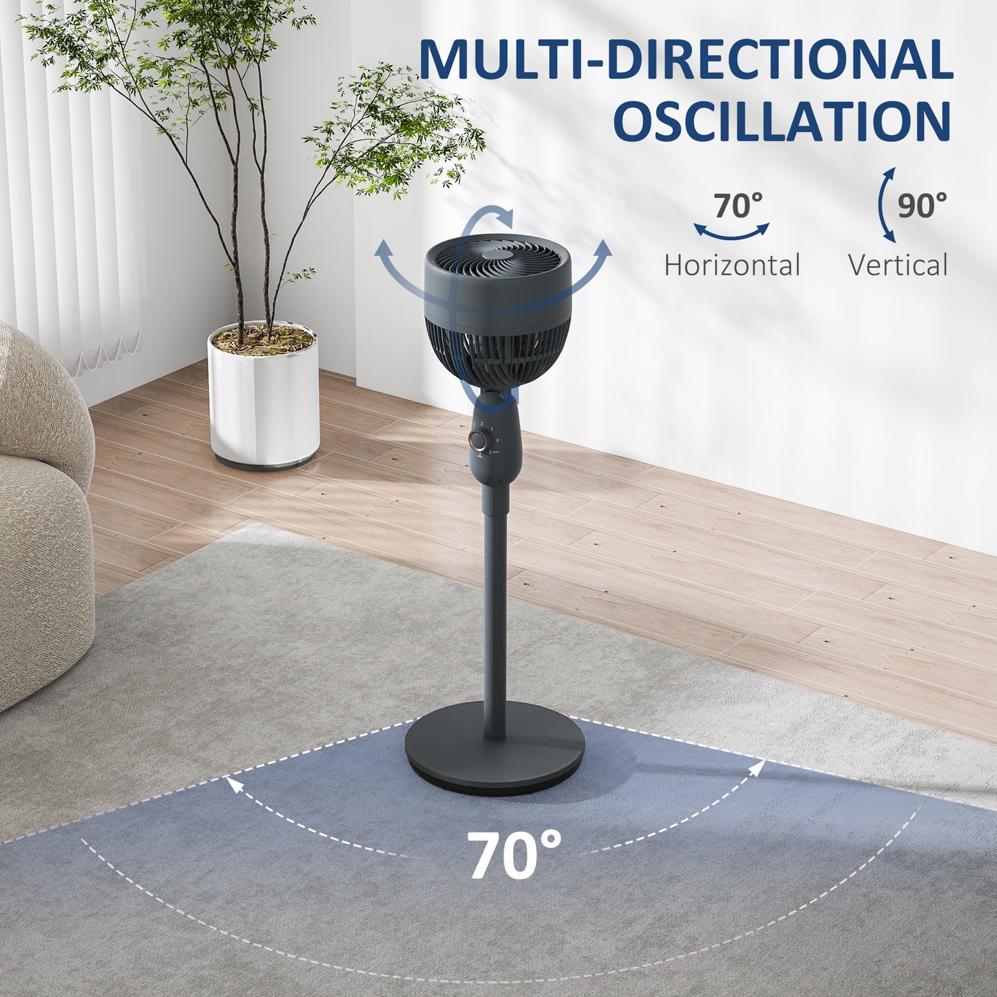 Pedestal Fan for Bedroom, Powerful Air Circulator with 3 Speed, Grey