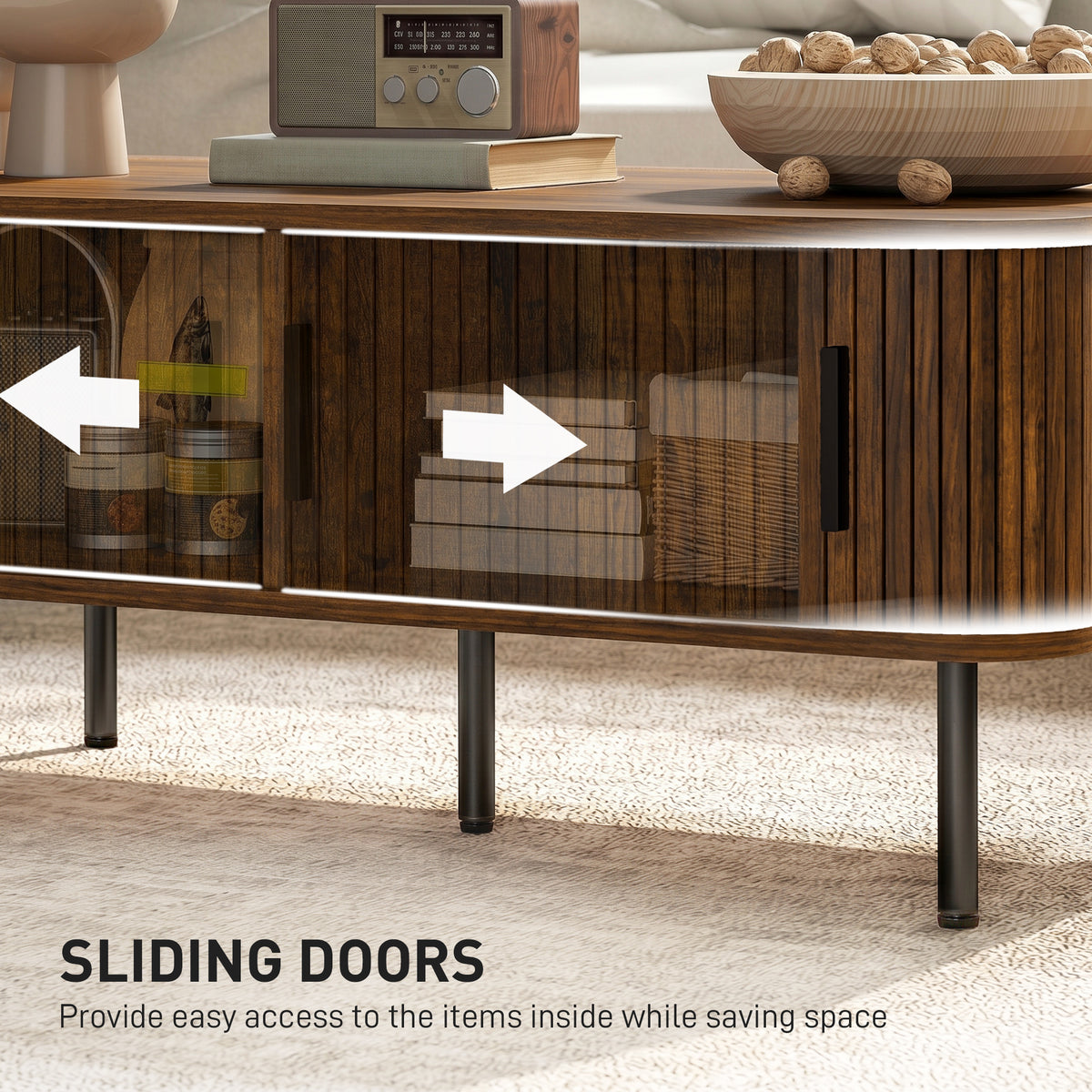 Coffee Table with Storage and Sliding Doors for Living Room, Brown
