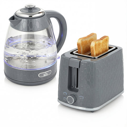 Kettle and Toaster Set with Limescale Filter, Crumb Tray, Grey