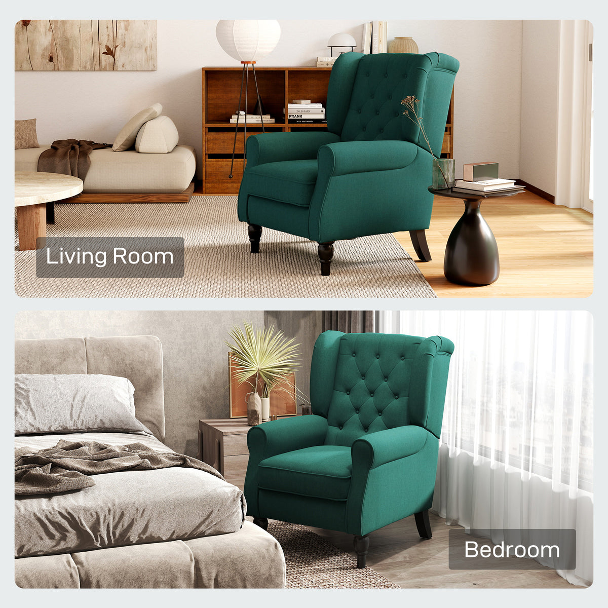 Accent Chair Wingback Armchair Tufted Club Wood Fabric, Dark Green