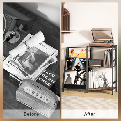 Record Player Stand, 3-Tier Side Table with Vinyl Record Storage