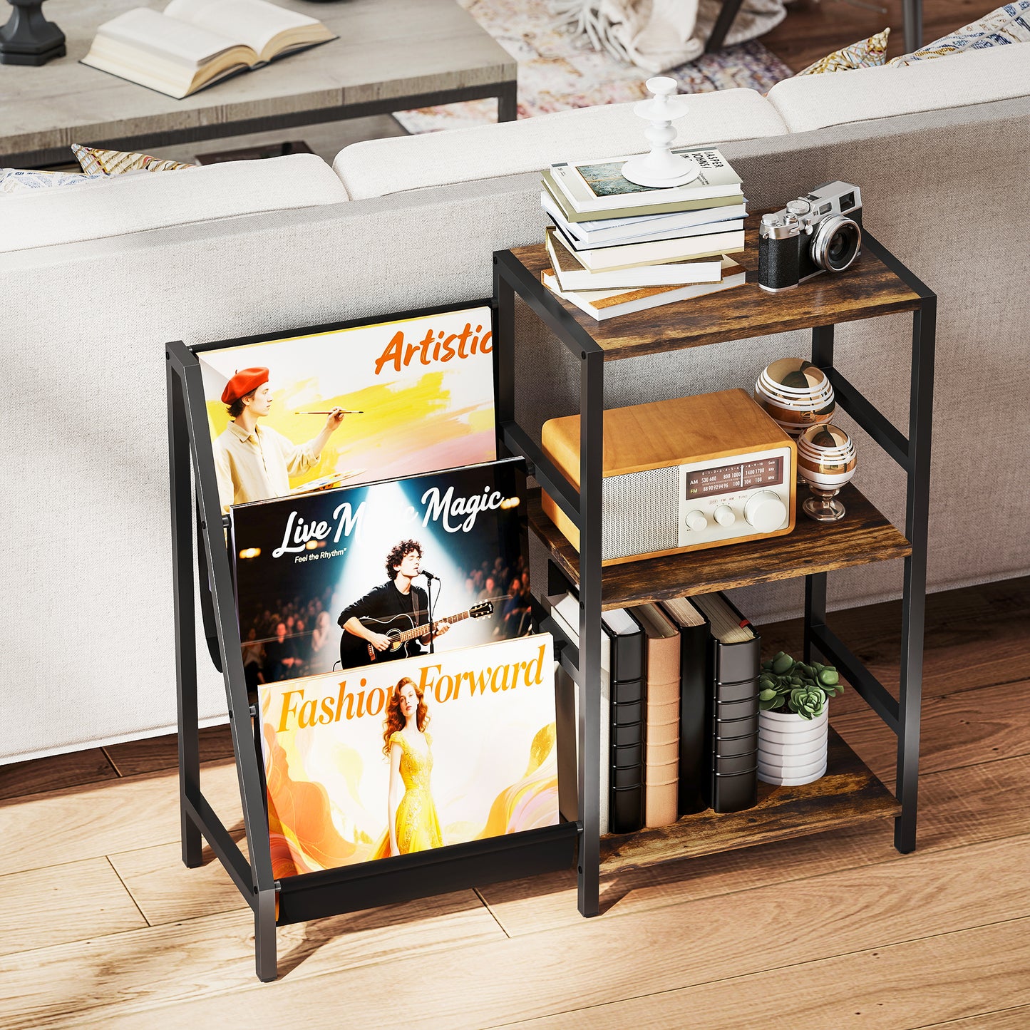 Record Player Stand, 3-Tier Side Table with Vinyl Record Storage