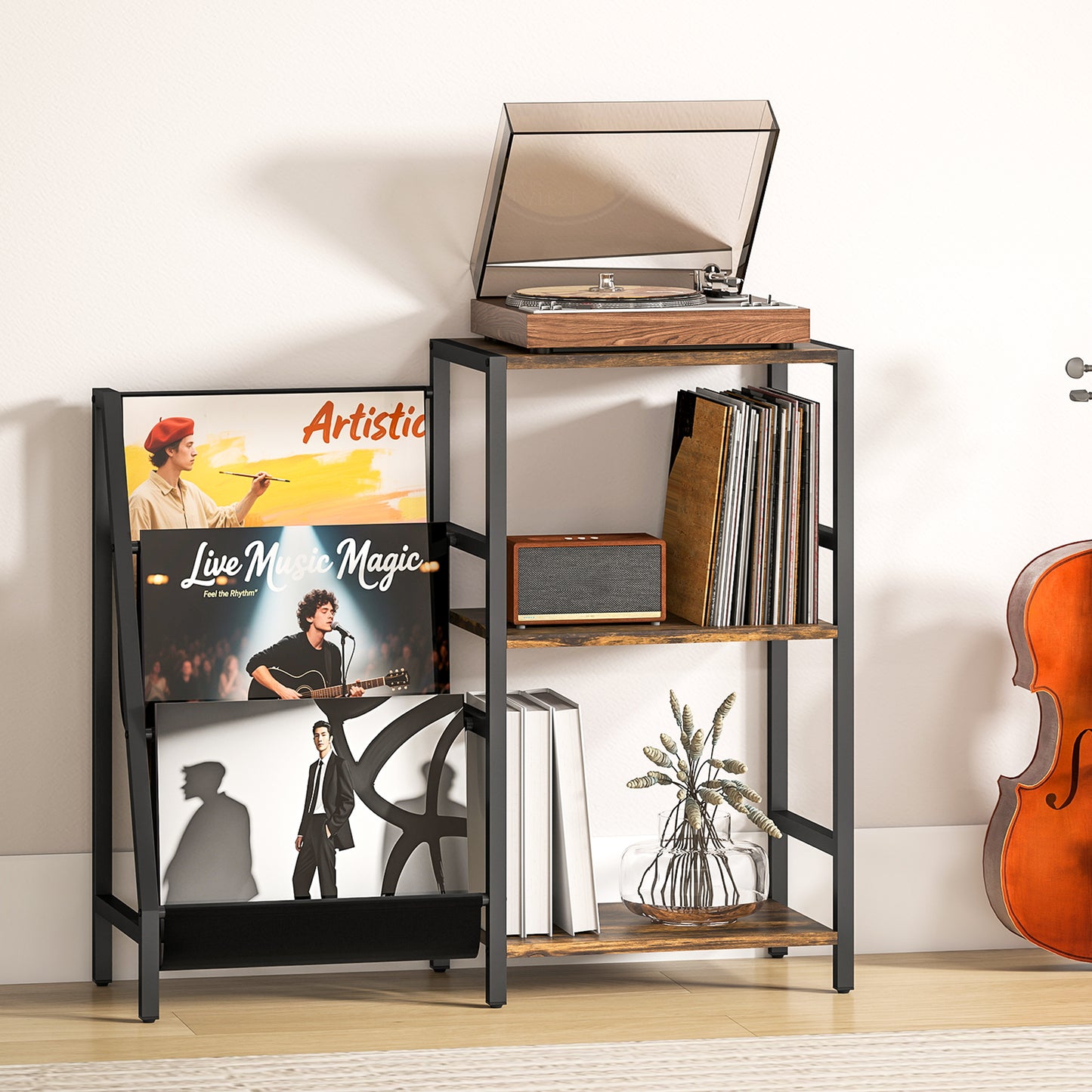 Record Player Stand, 3-Tier Side Table with Vinyl Record Storage