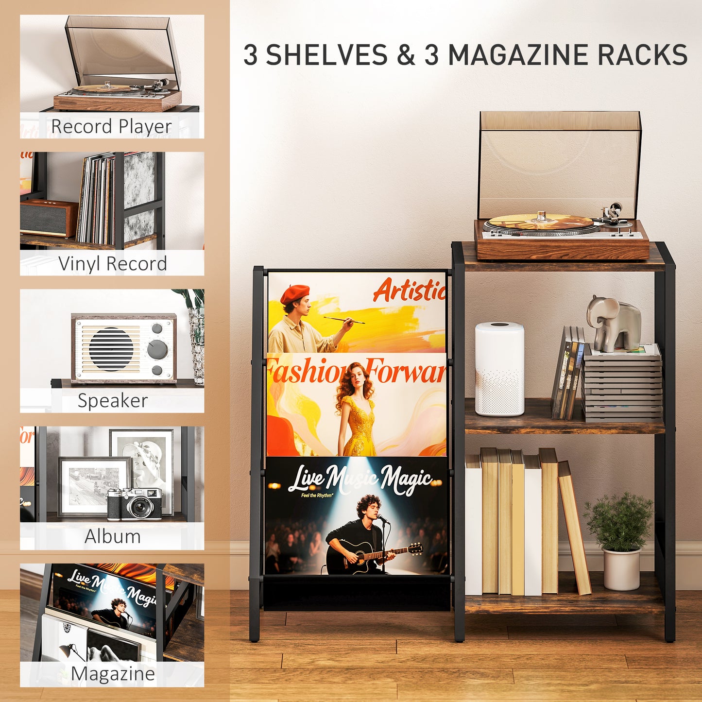 Record Player Stand, 3-Tier Side Table with Vinyl Record Storage