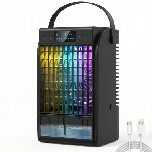 4-in-1 Mini Air Cooler with RGB 7 LED Light, Cooling Fan, Black