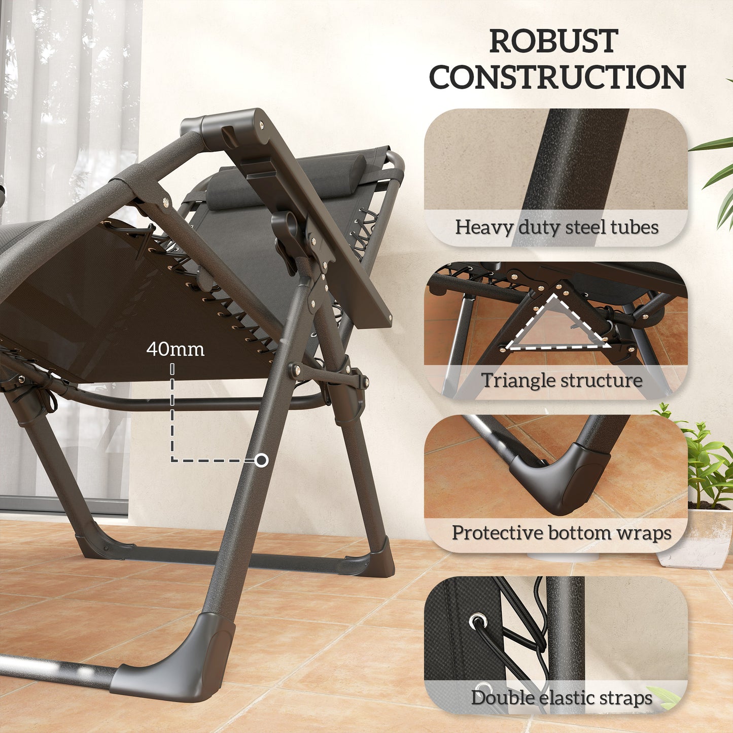 2 Pieces Zero Gravity Chairs, Reclining Folding Sun Lounger, Grey