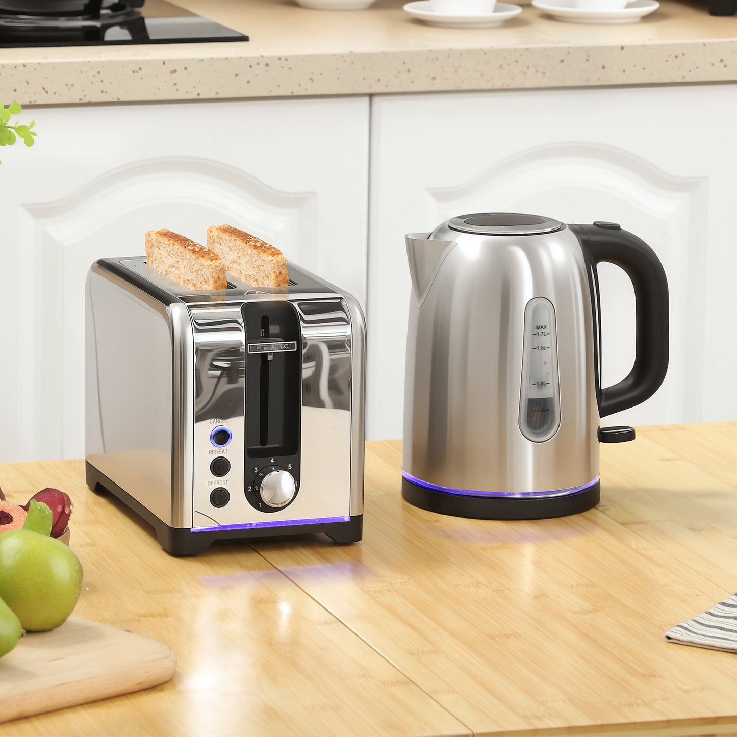 1.7L 3000W Rapid Boil Jug Kettle and 2-Slice Toaster Set, Silver Tone