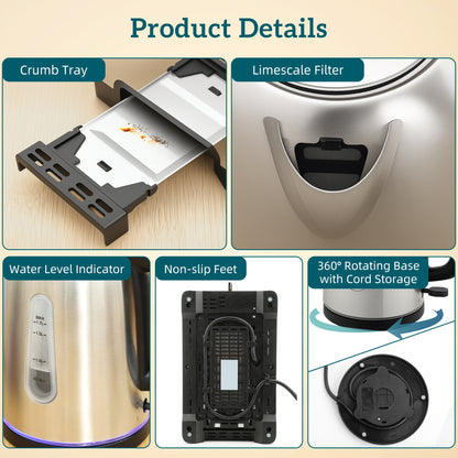 1.7L 3000W Rapid Boil Jug Kettle and 2-Slice Toaster Set, Silver Tone