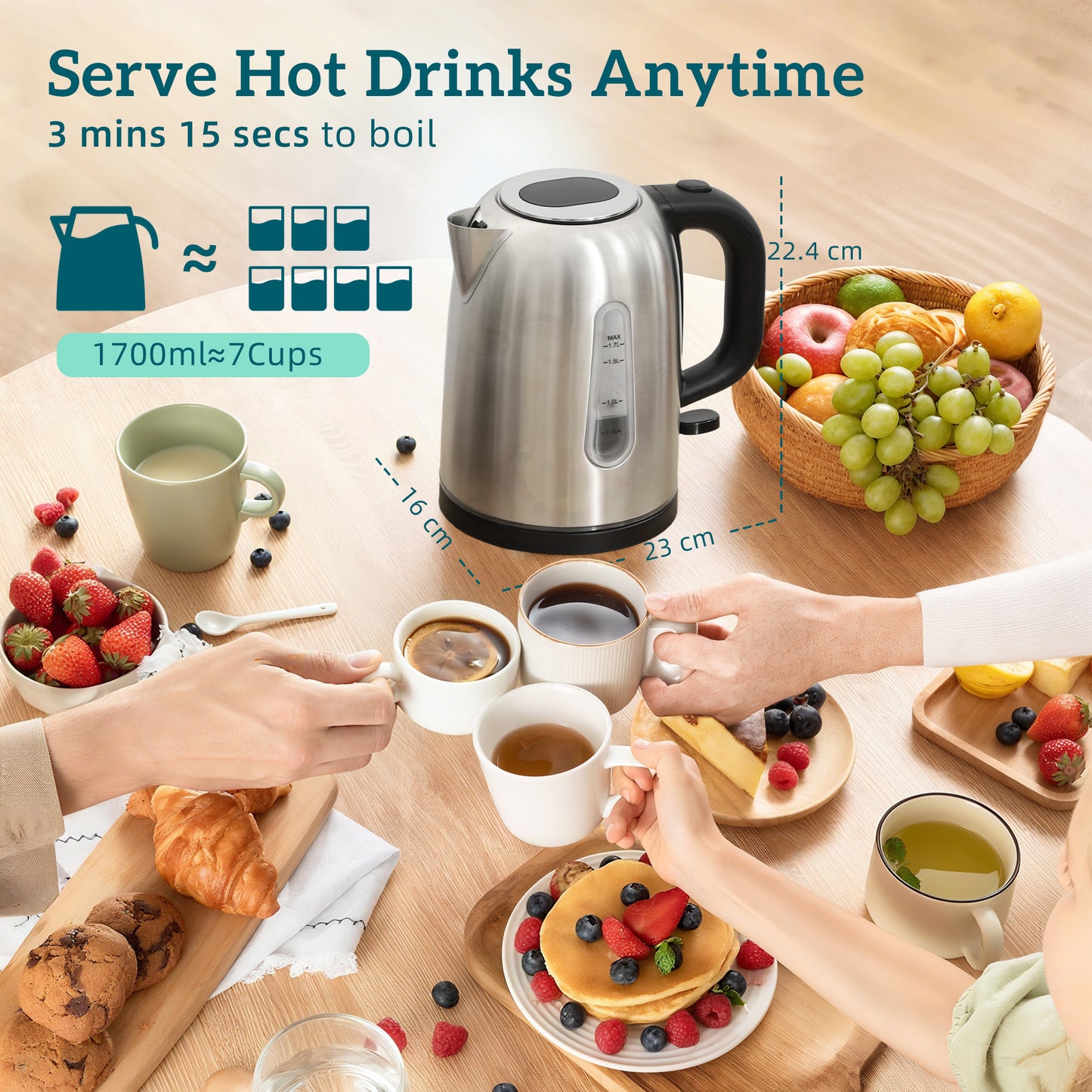 1.7L 3000W Rapid Boil Jug Kettle and 2-Slice Toaster Set, Silver Tone