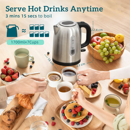 1.7L 3000W Rapid Boil Jug Kettle and 2-Slice Toaster Set, Silver Tone