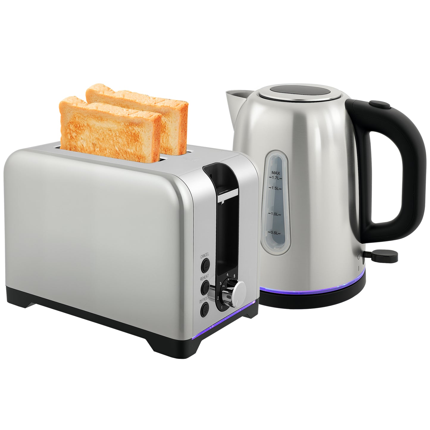 1.7L 3000W Rapid Boil Jug Kettle and 2-Slice Toaster Set, Silver Tone