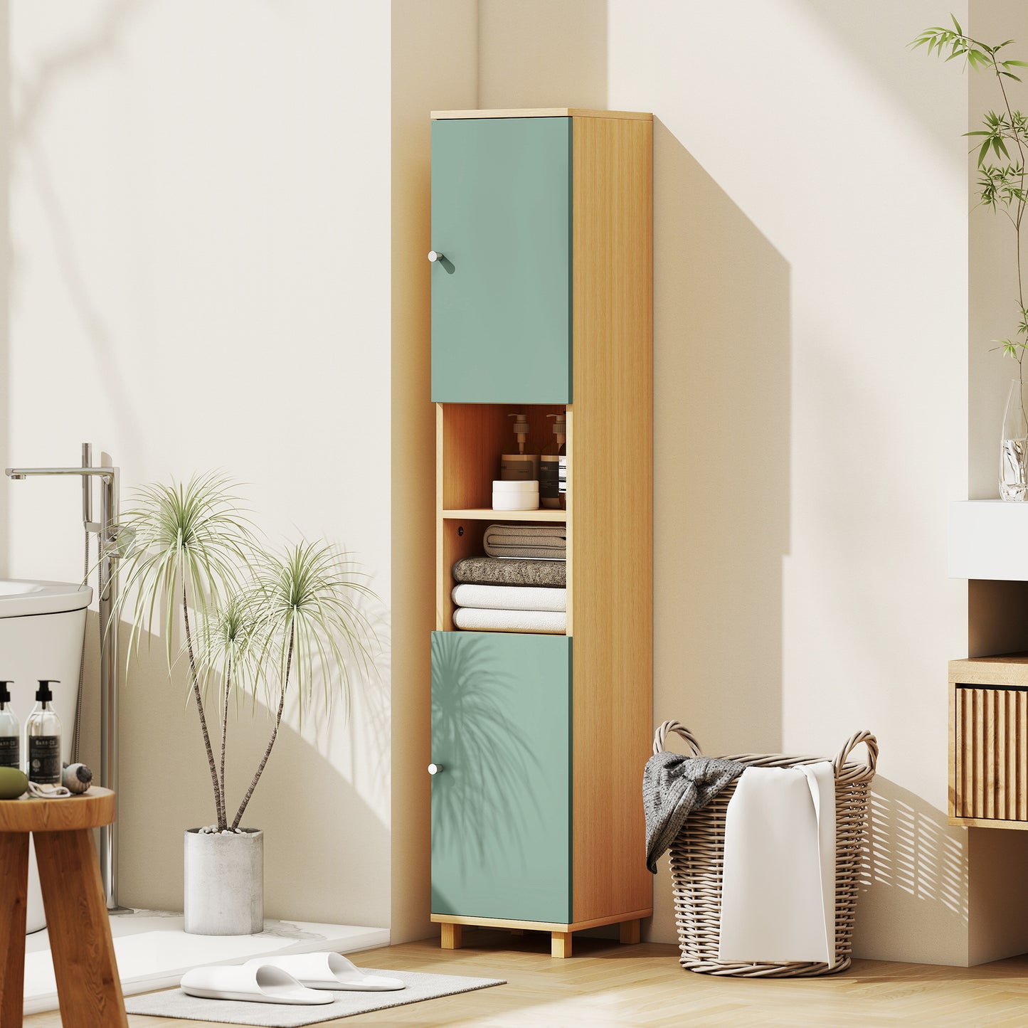 Tall Bathroom Cabinet with Adjustable Shelves and Open Shelves, Green