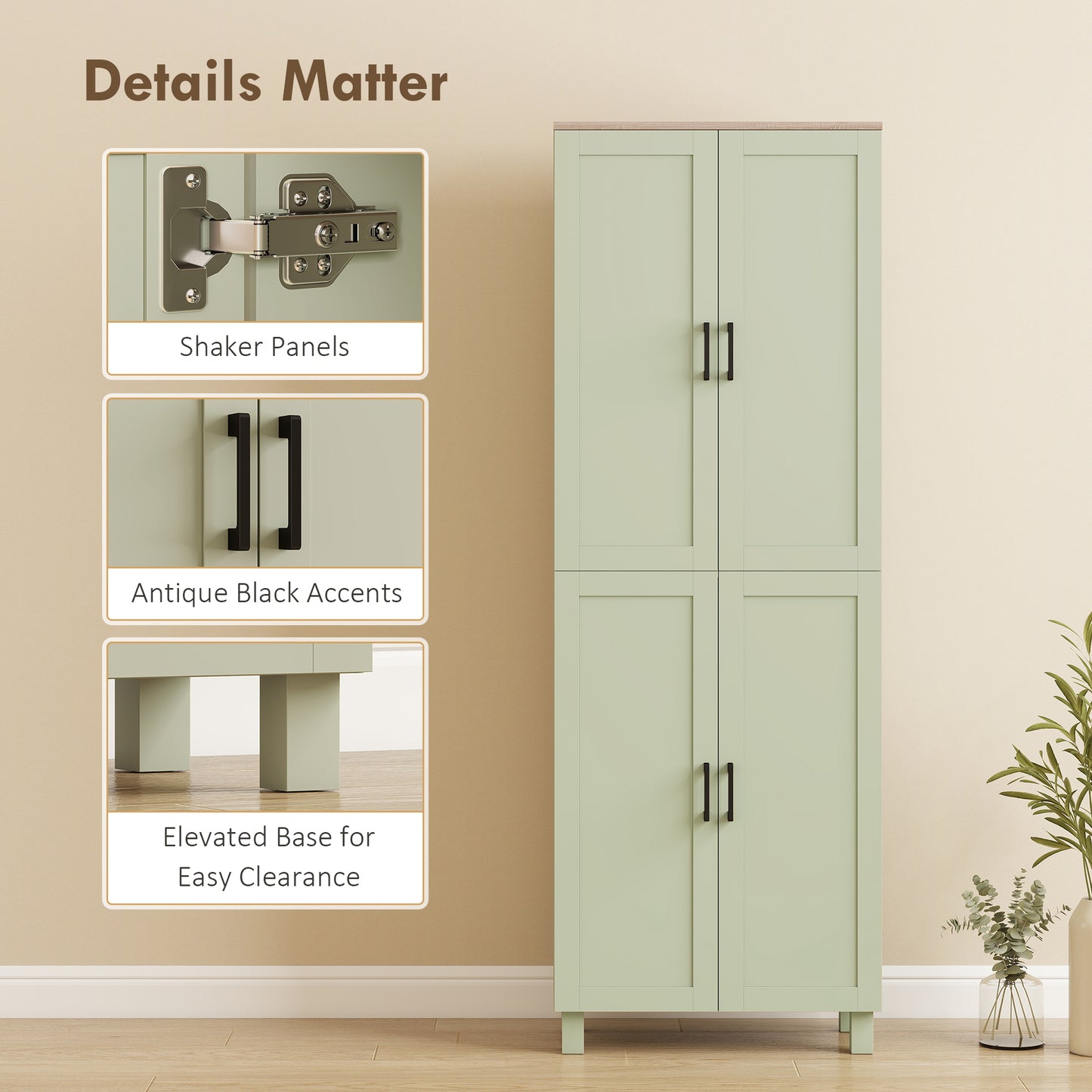 Modern Kitchen Cupboard Storage Cabinet with 6 Shelves, Green