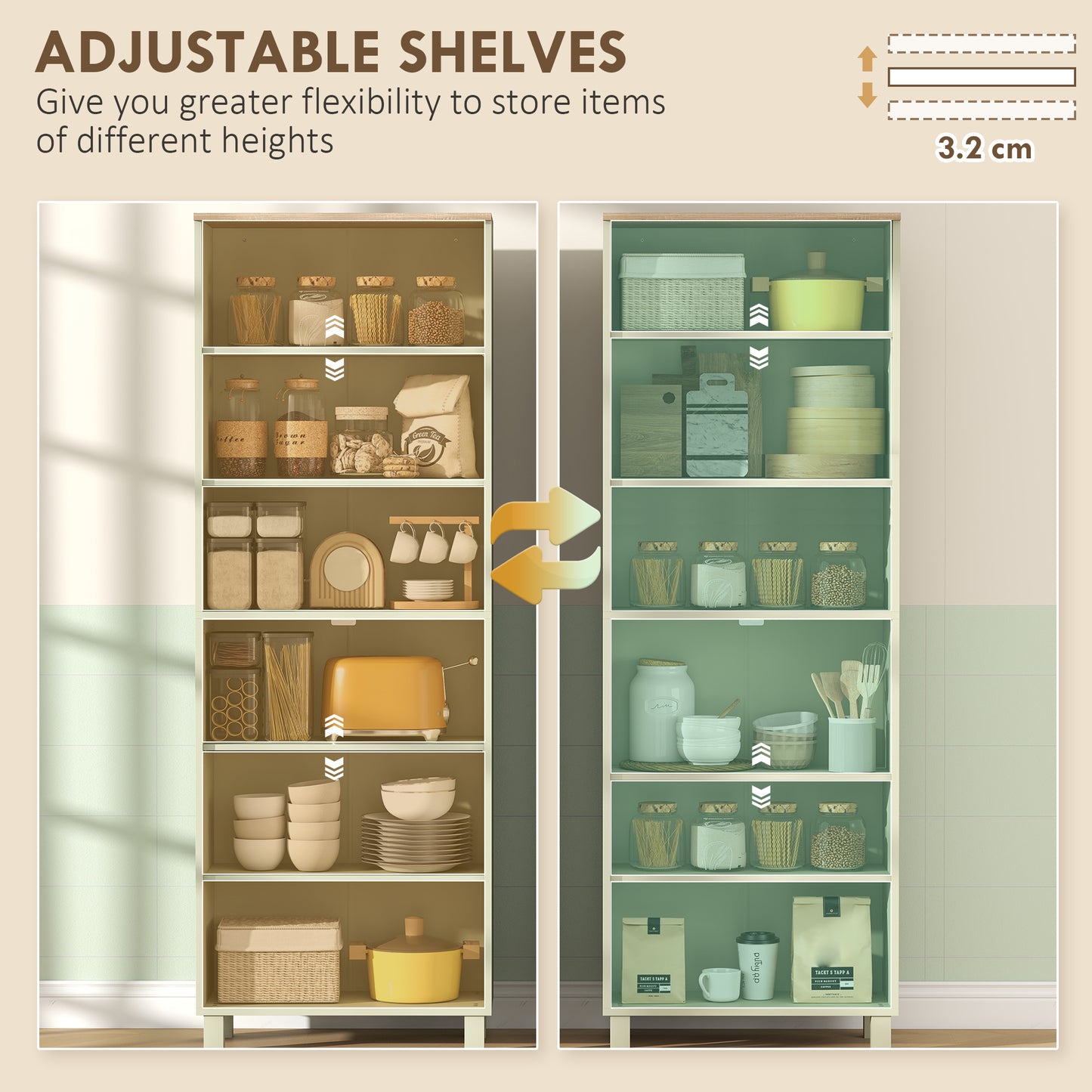 Modern Kitchen Cupboard Storage Cabinet with 6 Shelves, Green