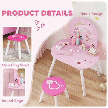 Kids Dressing Table with Mirror and Stool, Girls Vanity Set, Pink